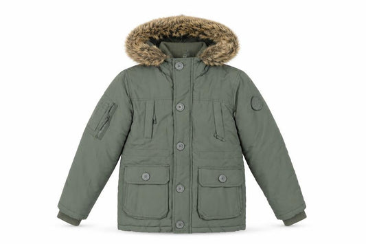 Front view of Ripstop boys’ green jacket, size M, zip - faux fur trim