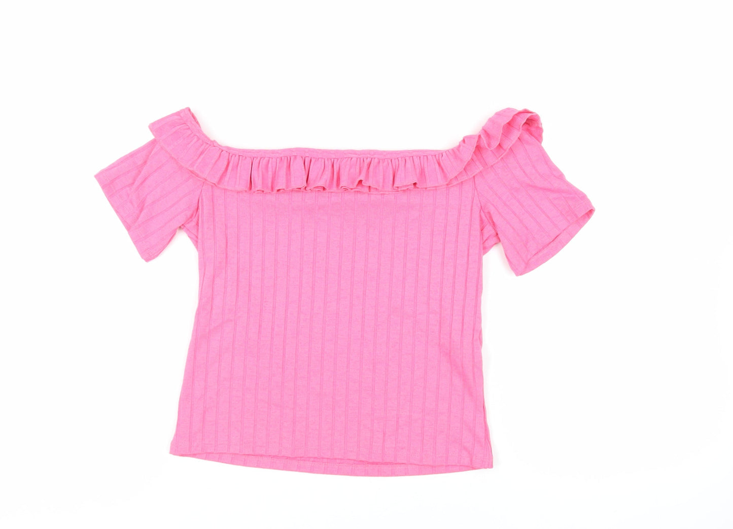 Zara Womens Pink Polyester Basic T-Shirt Size S Off the Shoulder - Ruffle