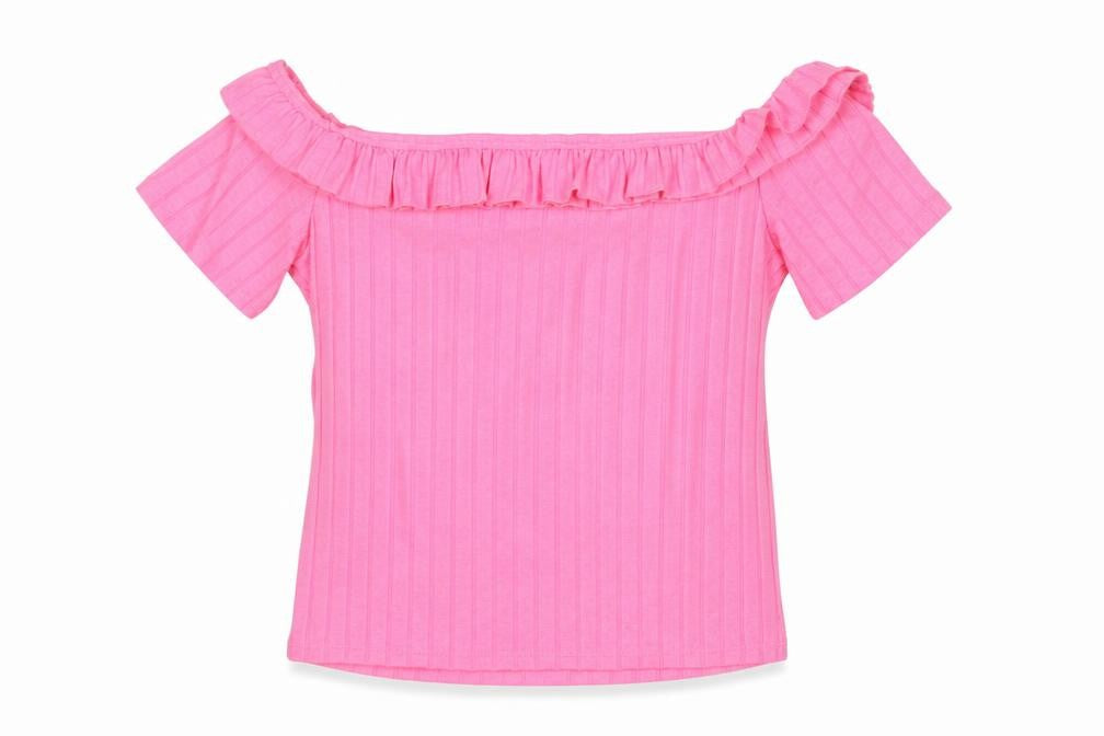 Zara Womens Pink Polyester Basic T-Shirt Size S Off the Shoulder - Ruffle