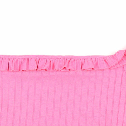 Zara Womens Pink Polyester Basic T-Shirt Size S Off the Shoulder - Ruffle