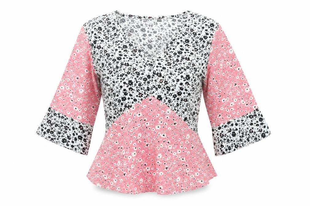 Wednesday's Girl Womens Pink Floral Polyester Basic Blouse Size M V-Neck