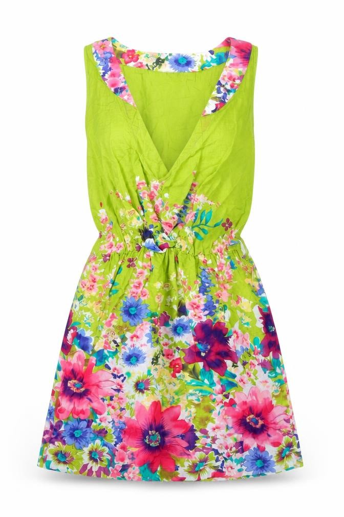 Boohoo Womens Green Floral Cotton Mini Size 12 V-Neck Pullover - Elasticated Waist