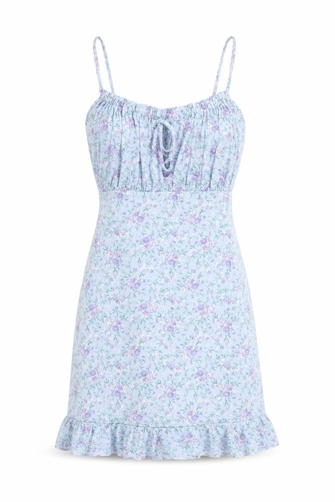 Pink Vanilla Womens Blue Floral Polyester Mini Size 6 Scoop Neck Pullover - Ruffle