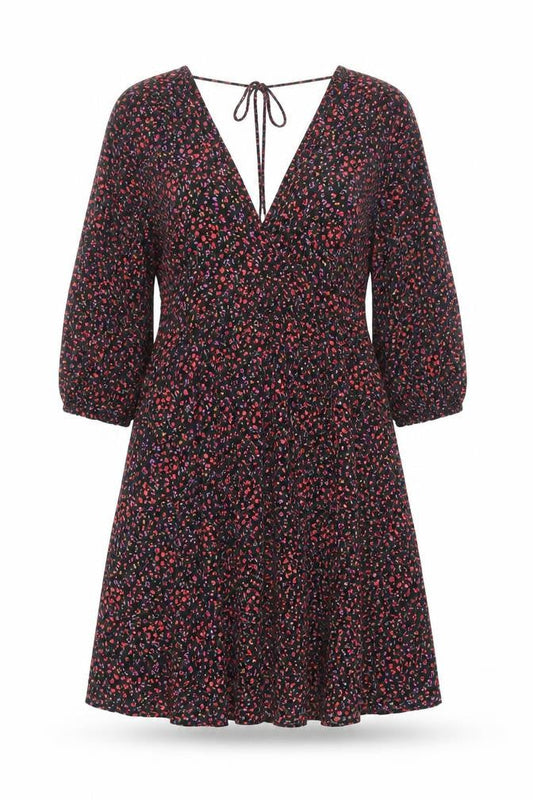 H&M Womens Black Floral Viscose Trapeze & Swing Size M V-Neck Tie