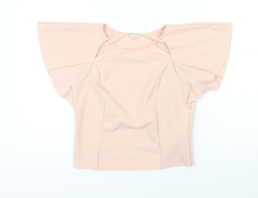 Zara Womens Pink Herringbone Polyester Blend Cropped Blouse Size M Round Neck