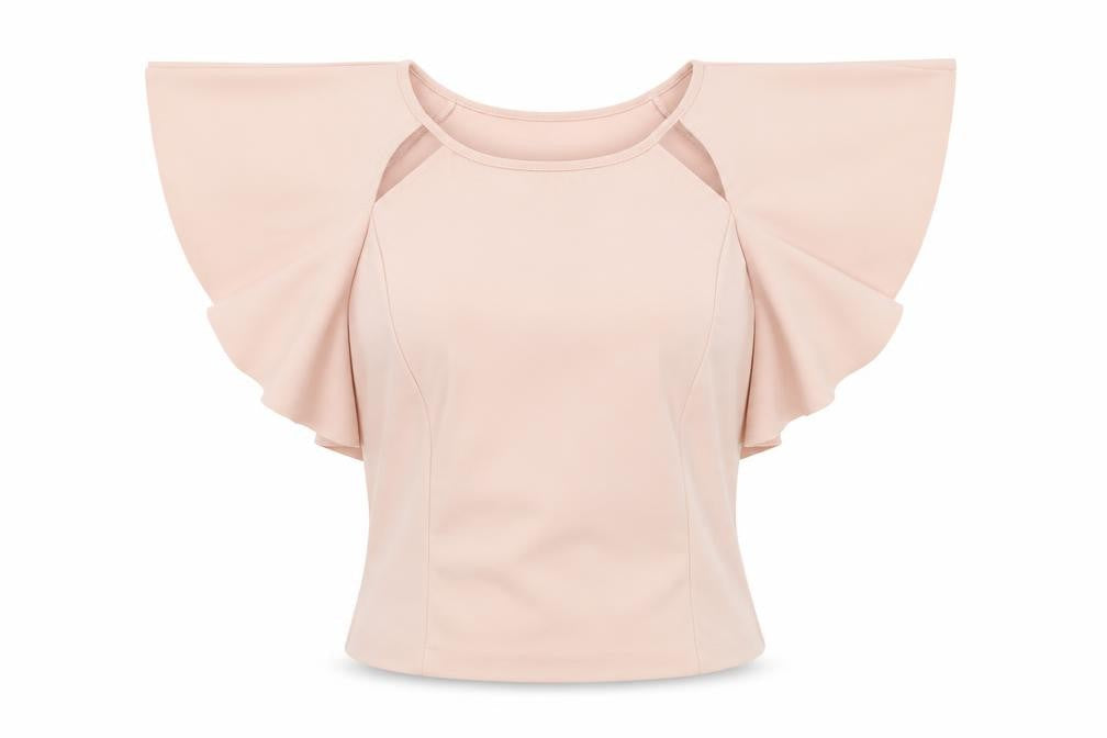 Zara Womens Pink Herringbone Polyester Blend Cropped Blouse Size M Round Neck