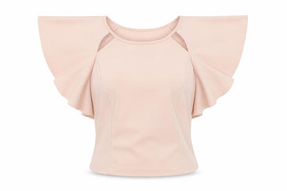 Zara Womens Pink Herringbone Polyester Blend Cropped Blouse Size M Round Neck