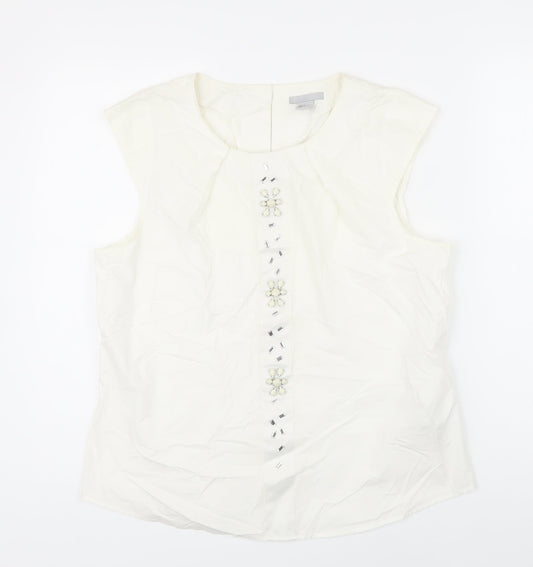 H&M Womens Ivory 100% Cotton Tunic Blouse Size 42 Scoop Neck - Beaded Detail