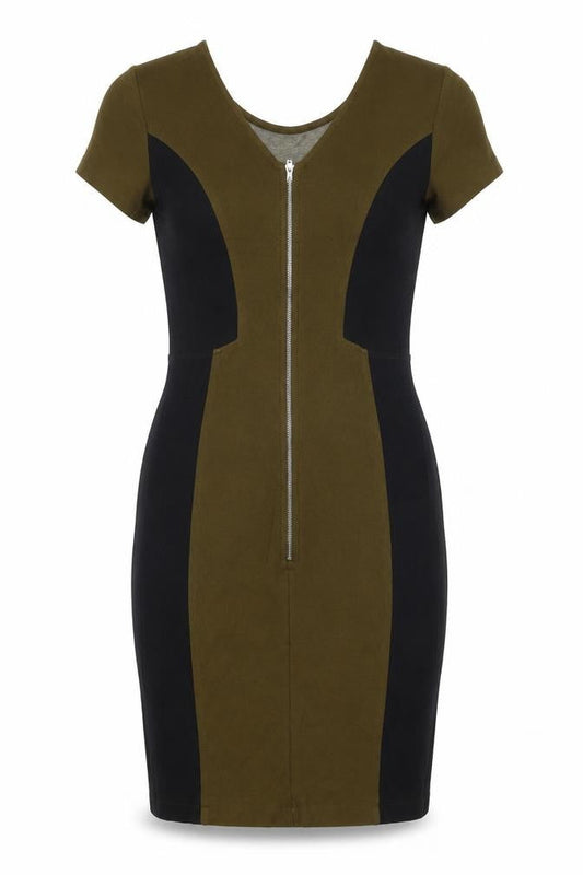 Front view of French Connection women’s multicoloured colourblock viscose bodycon, size UK 10, scoop neck zip