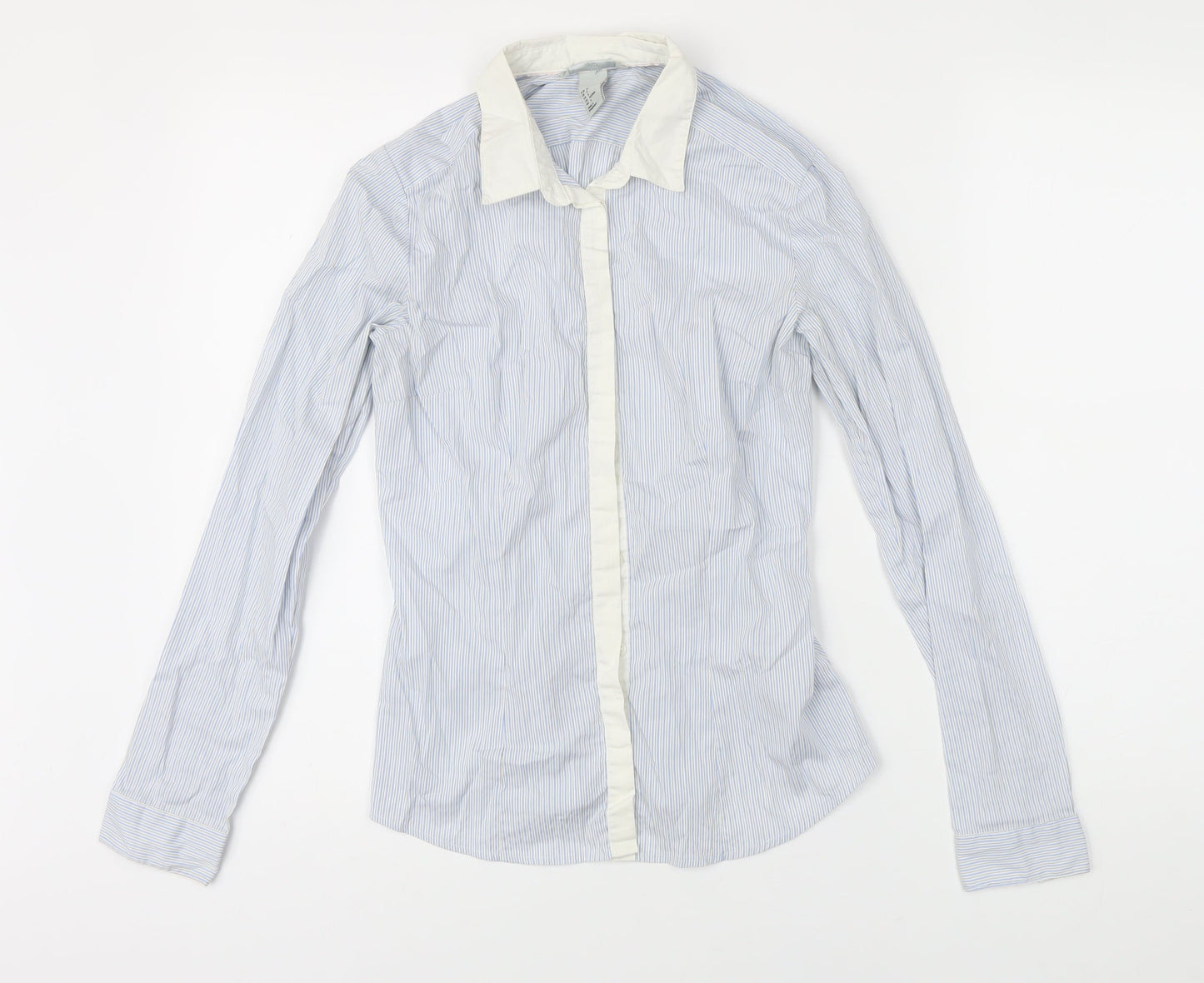 H&M Womens Blue Striped Polyamide Basic Blouse Size 8 Collared