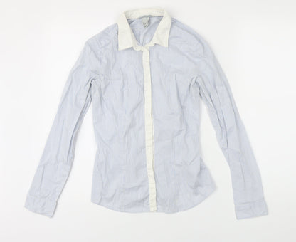 H&M Womens Blue Striped Polyamide Basic Blouse Size 8 Collared