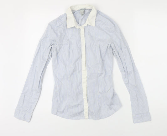 H&M Womens Blue Striped Polyamide Basic Blouse Size 8 Collared