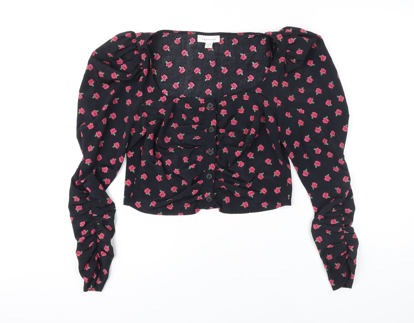 Topshop Womens Black Floral Viscose Cropped Blouse Size 10 Round Neck