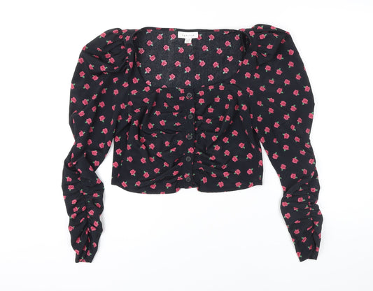 Topshop Womens Black Floral Viscose Cropped Blouse Size 10 Round Neck