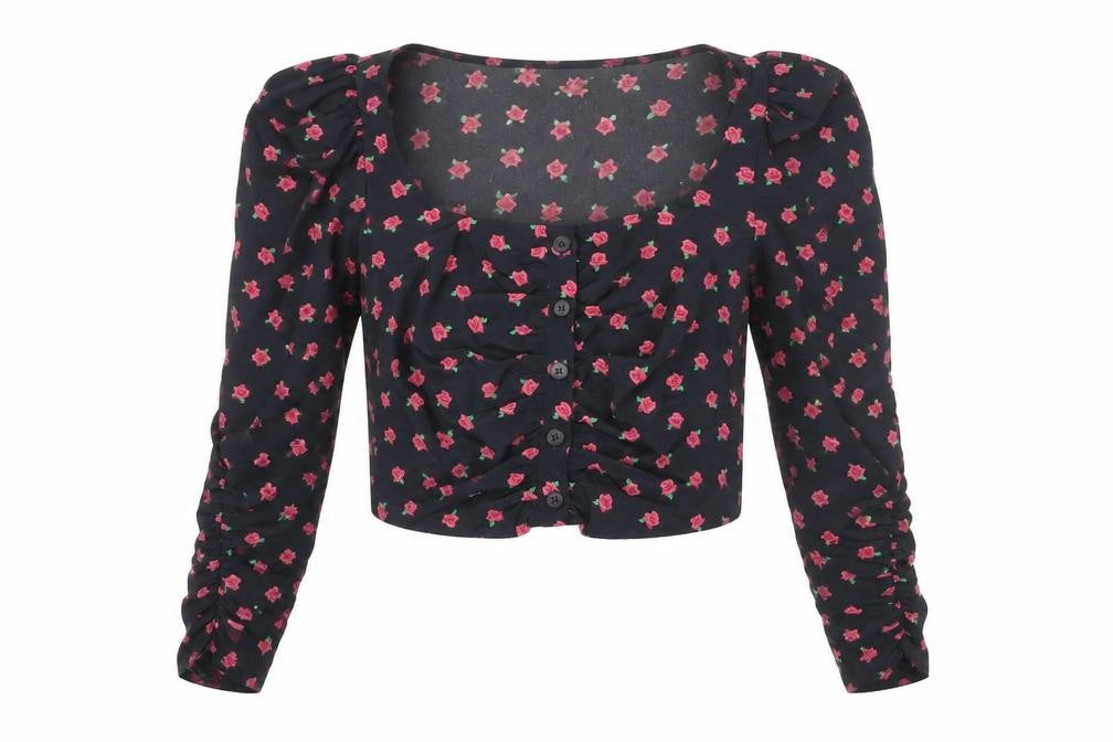 Topshop Womens Black Floral Viscose Cropped Blouse Size 10 Round Neck