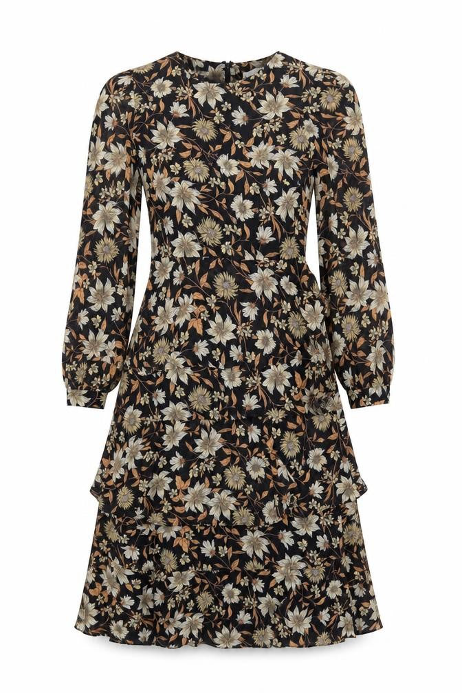 Warehouse Womens Black Floral Polyester A-Line Size 8 Round Neck Zip