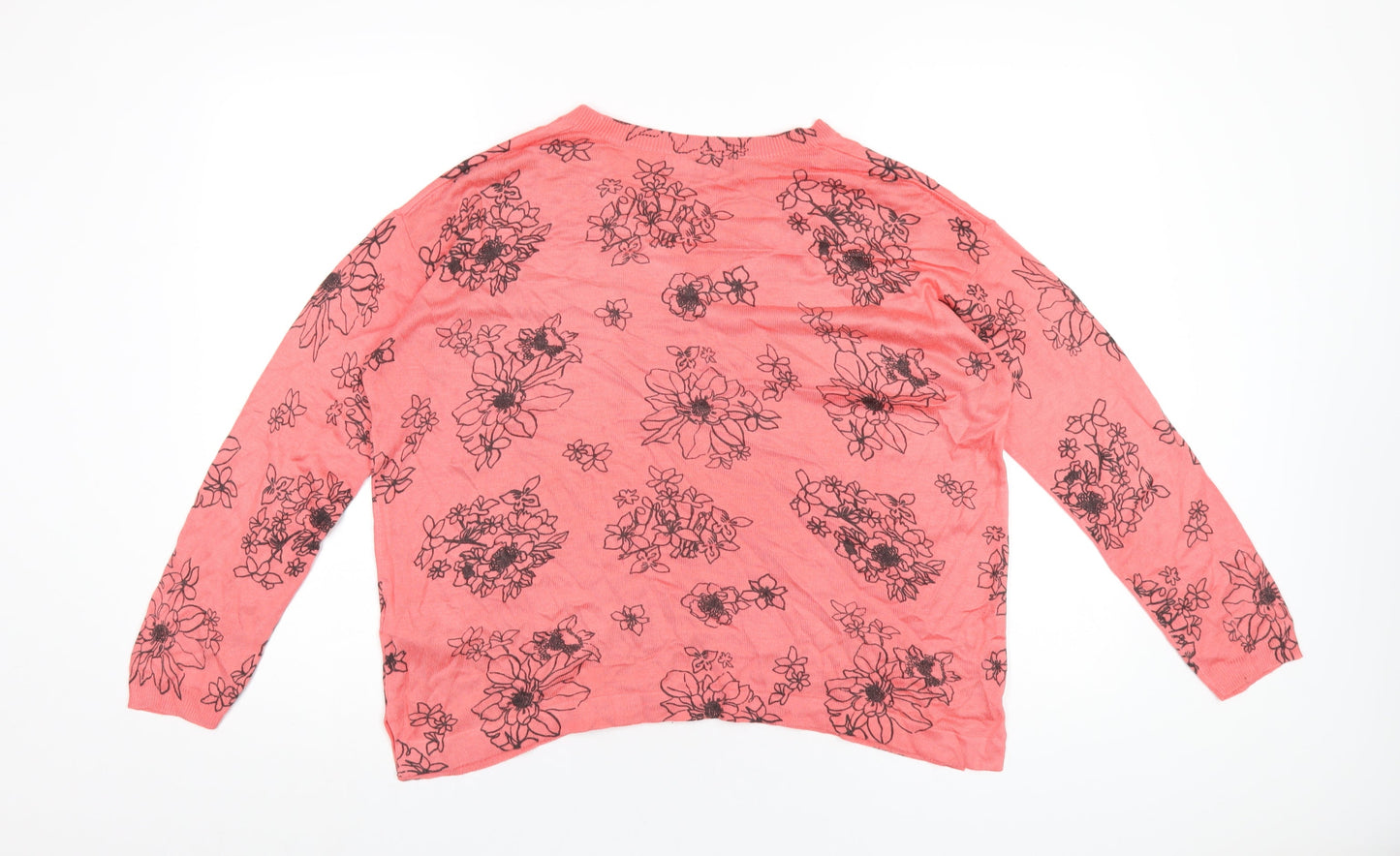Marks and Spencer Womens Pink V-Neck Floral Acrylic Pullover Jumper Size M