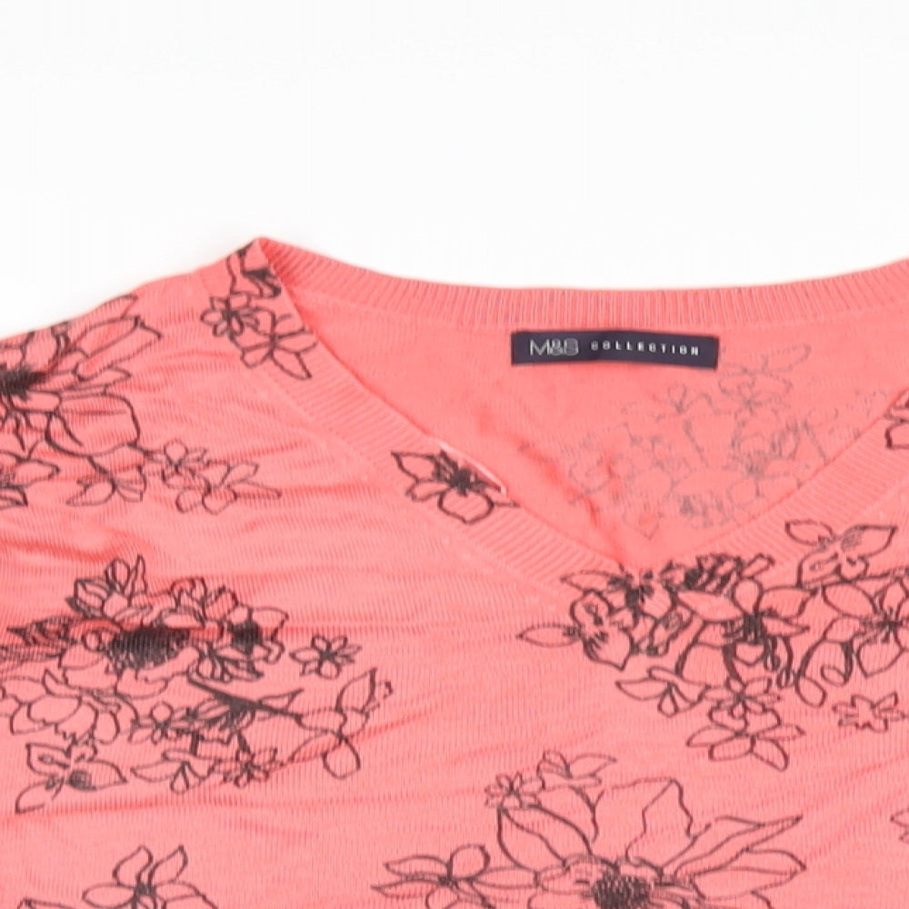Marks and Spencer Womens Pink V-Neck Floral Acrylic Pullover Jumper Size M