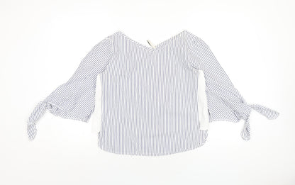 Stradivarius Womens Blue Striped Cotton Basic T-Shirt Size S V-Neck