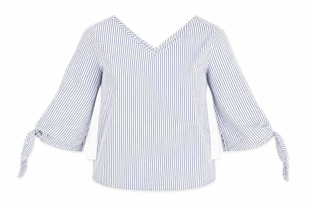 Stradivarius Womens Blue Striped Cotton Basic T-Shirt Size S V-Neck