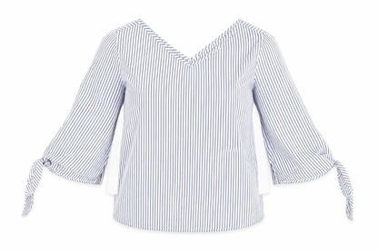 Stradivarius Womens Blue Striped Cotton Basic T-Shirt Size S V-Neck
