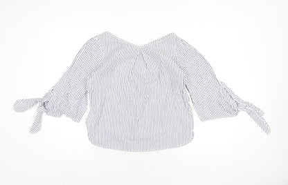 Stradivarius Womens Blue Striped Cotton Basic T-Shirt Size S V-Neck