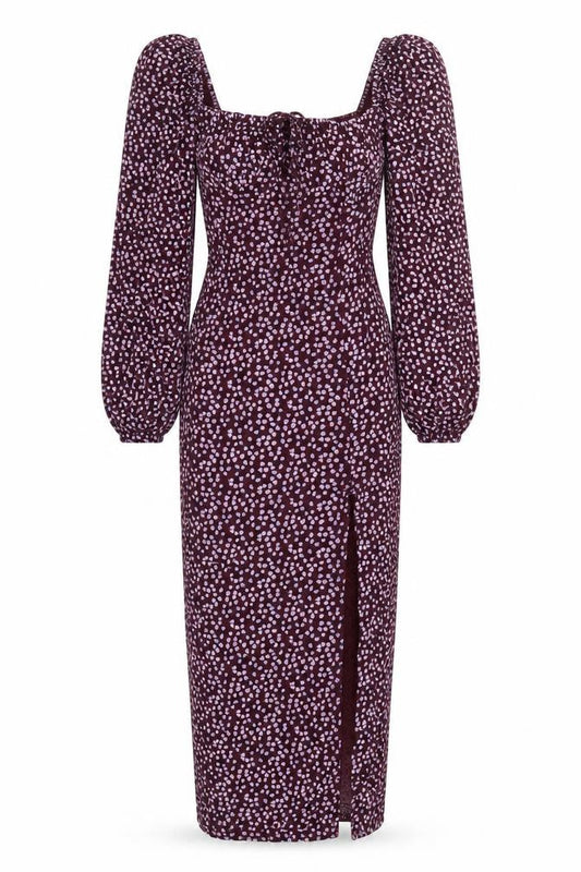Front view of Missguided women’s purple floral viscose bodycon, size UK 4, square neck pullover