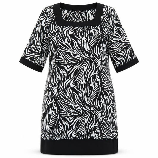 Tiana B Womens Black Animal Print Polyester A-Line Size L Square Neck Pullover - Zebra Print