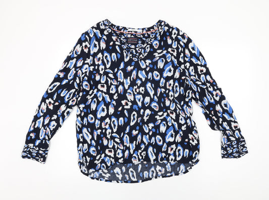 Cecil Womens Blue Animal Print Viscose Basic T-Shirt Size L V-Neck