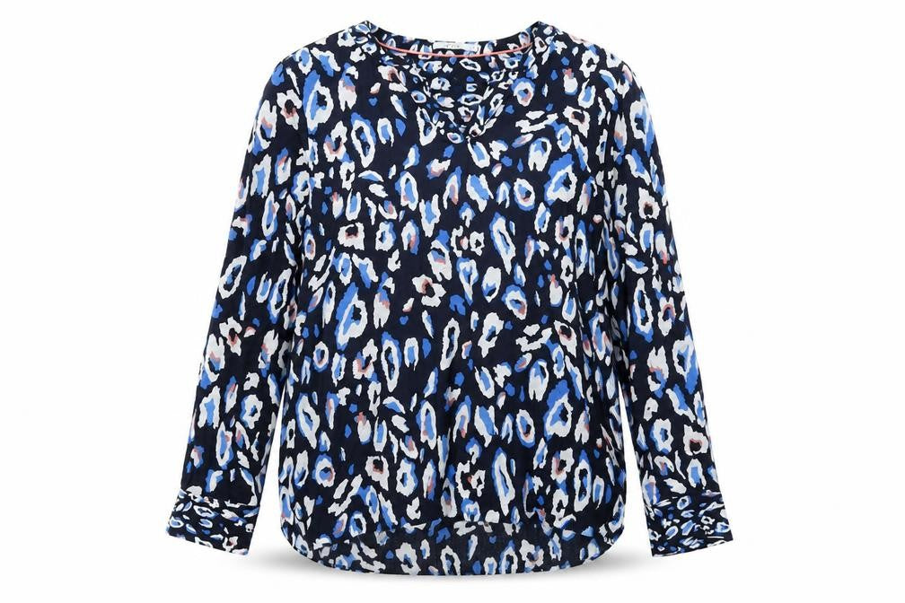 Cecil Womens Blue Animal Print Viscose Basic T-Shirt Size L V-Neck