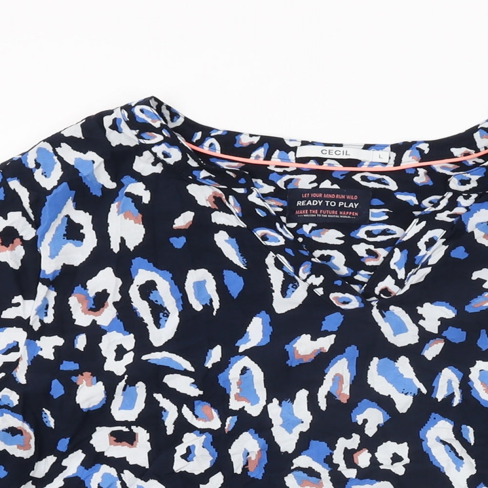 Cecil Womens Blue Animal Print Viscose Basic T-Shirt Size L V-Neck