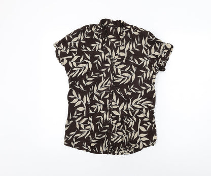 Additional front view of E-vie women’s brown geometric cotton basic button-up, size UK 10, v-neck - leaf print