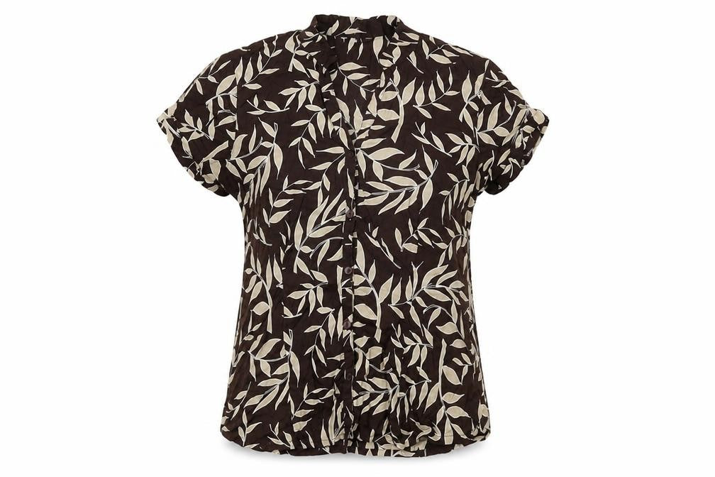 E-vie Womens Brown Geometric Cotton Basic Button-Up Size 10 V-Neck - Leaf Print