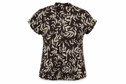 Front view of E-vie women’s brown geometric cotton basic button-up, size UK 10, v-neck - leaf print