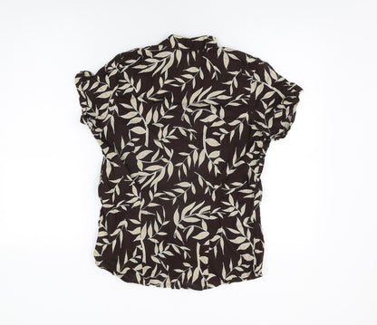 Back view of E-vie women’s brown geometric cotton basic button-up, size UK 10, v-neck - leaf print