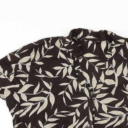 Close-up detail of E-vie women’s brown geometric cotton basic button-up, size UK 10, v-neck - leaf print
