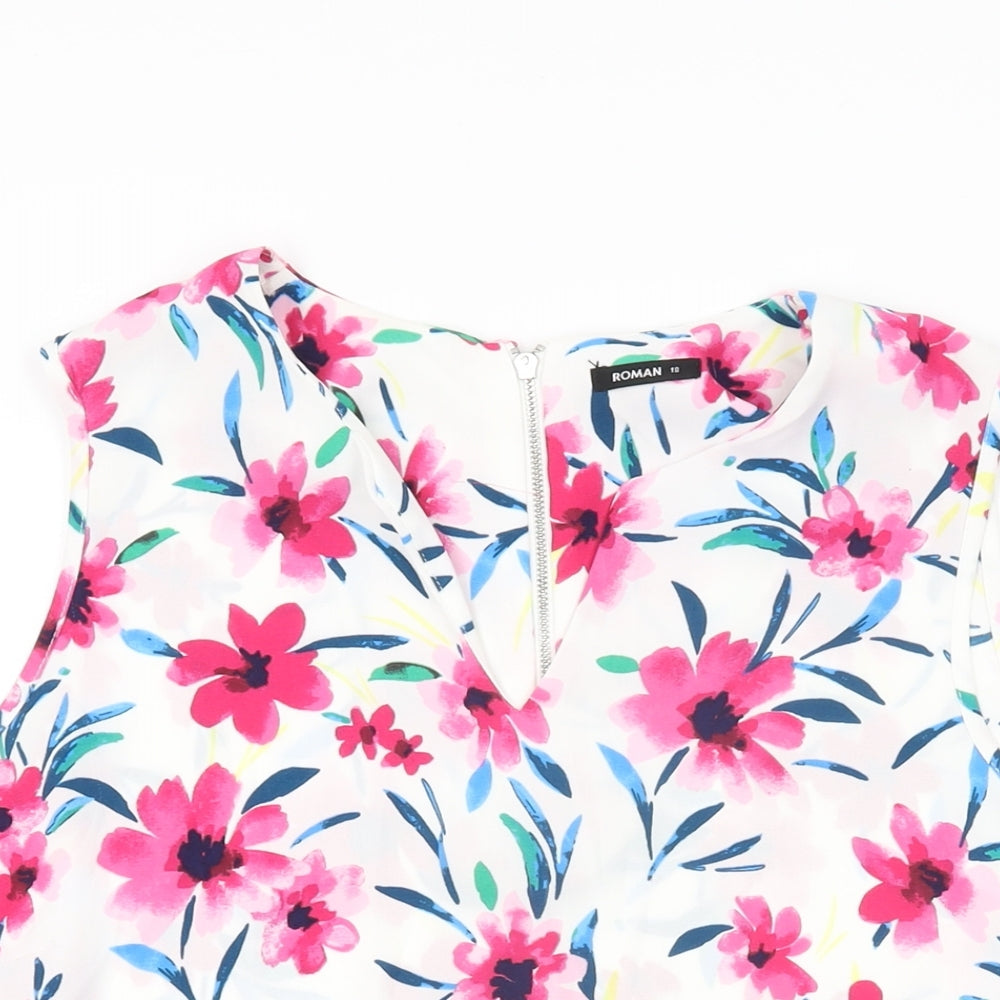Roman Womens White Floral Polyester Basic T-Shirt Size 18 V-Neck
