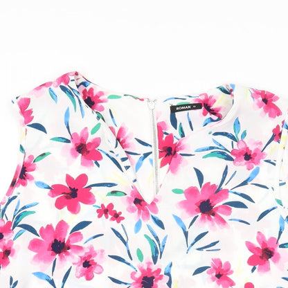 Close-up detail of Roman women’s white floral polyester basic t-shirt, size UK 18, v-neck