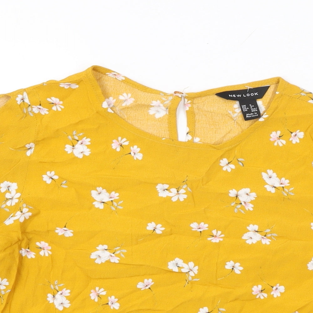 New Look Womens Yellow Floral Viscose Basic T-Shirt Size 6 Round Neck