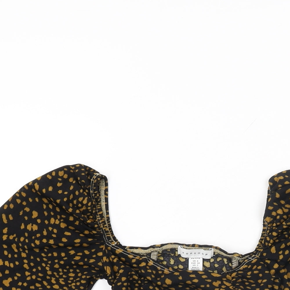 Topshop Womens Black Geometric Polyester Cropped T-Shirt Size 6 Square Neck - Balloon Sleeves