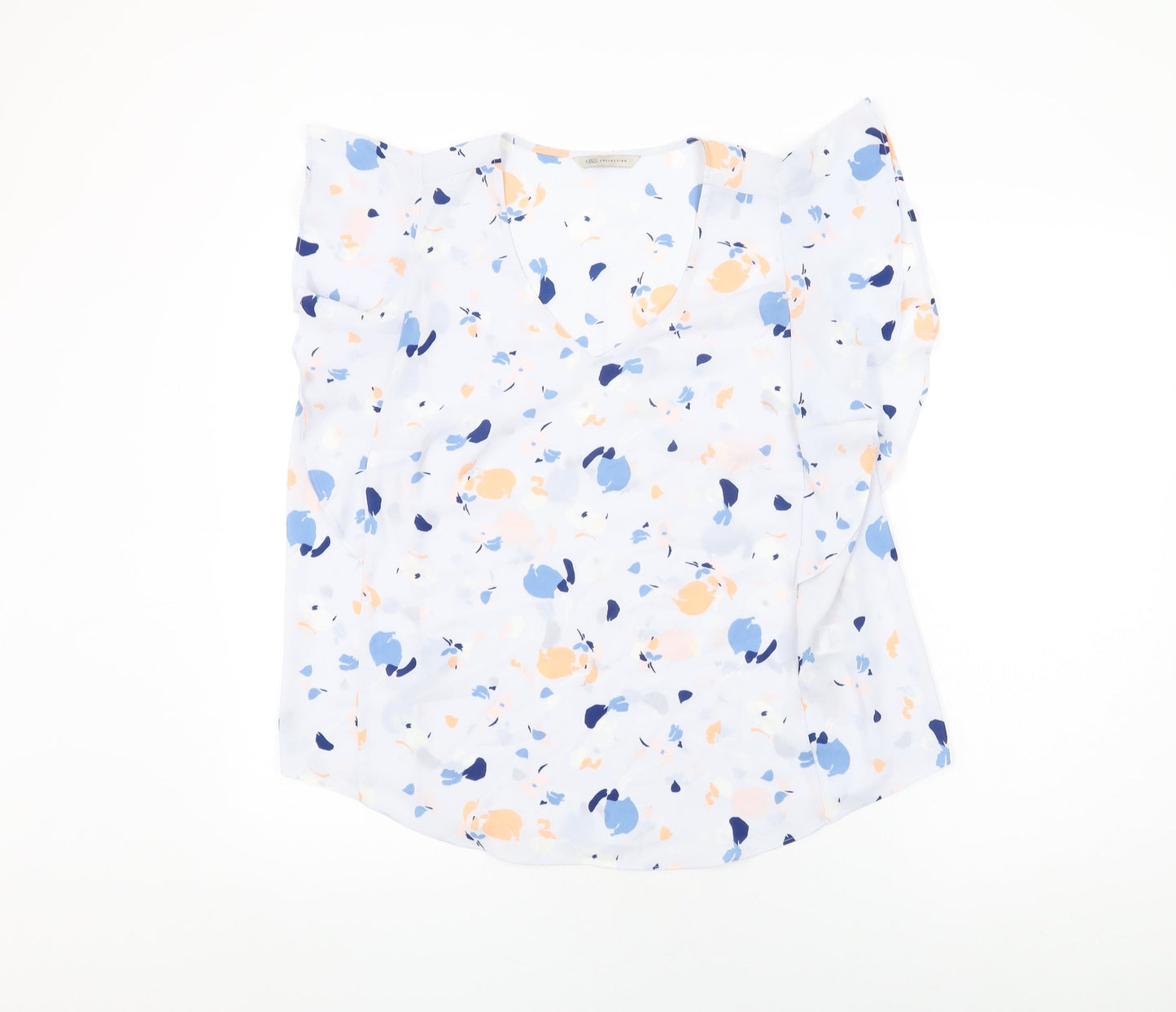 Marks and Spencer Womens Blue Geometric Polyester Basic Blouse Size 16 V-Neck - Frill Detail
