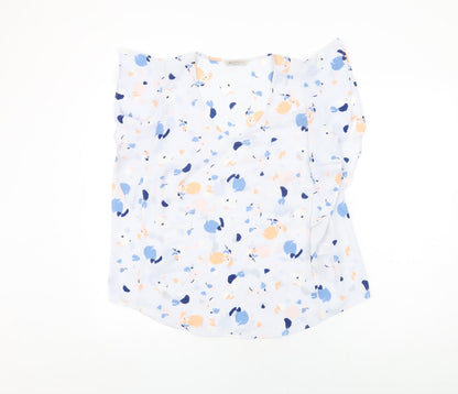 Marks & Spencer Womens Blue Geometric Polyester Basic Blouse Size 16 V-Neck - Frill Detail