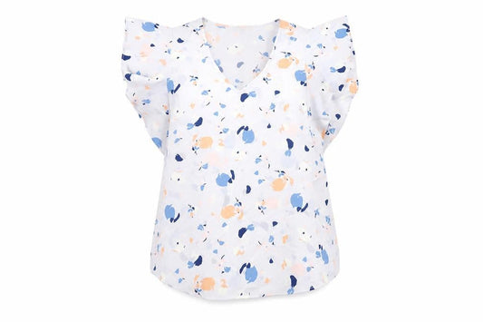Marks and Spencer Womens Blue Geometric Polyester Basic Blouse Size 16 V-Neck - Frill Detail