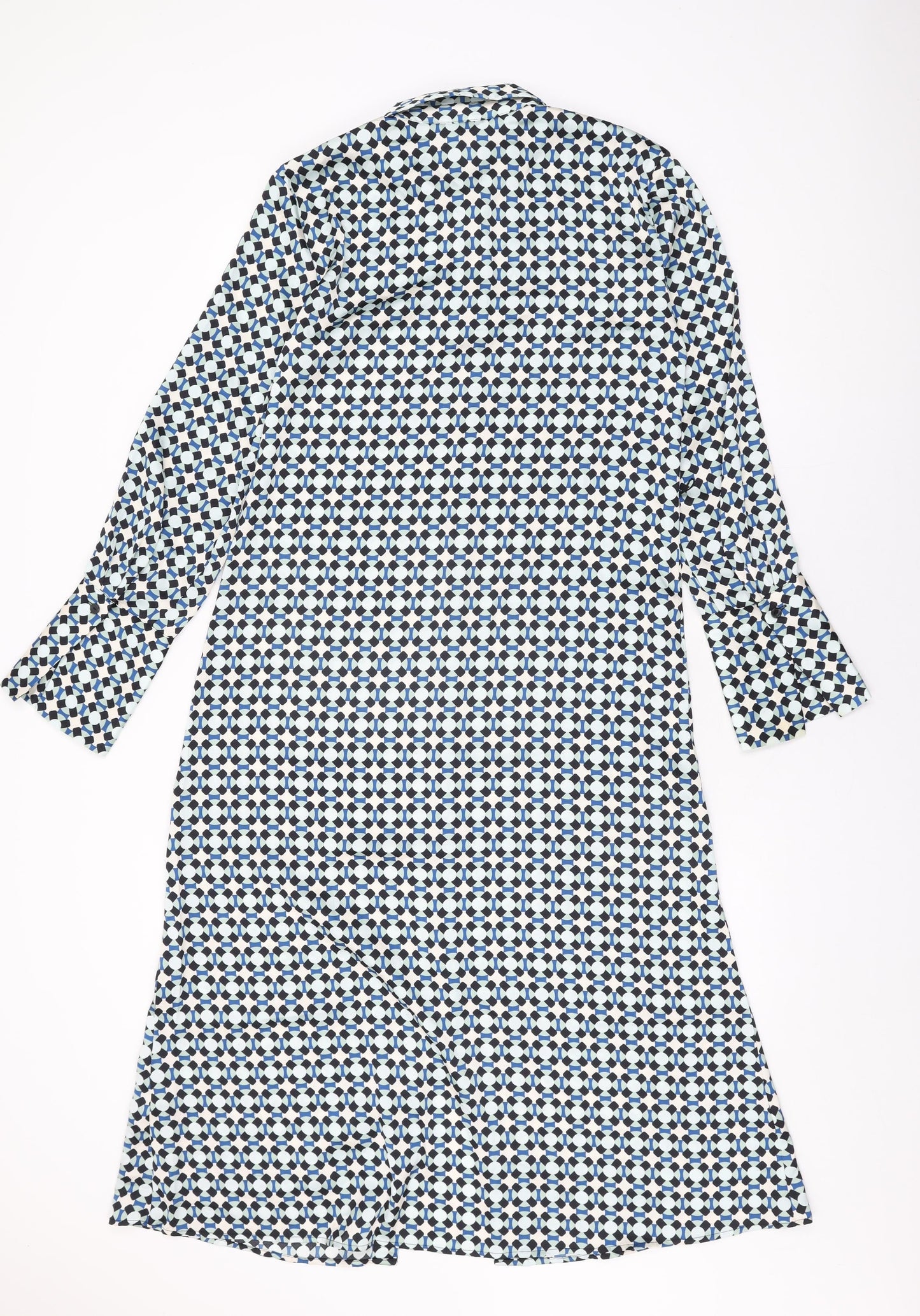 H&M Womens Blue Geometric Polyester Shirt Dress Size S Collared Button
