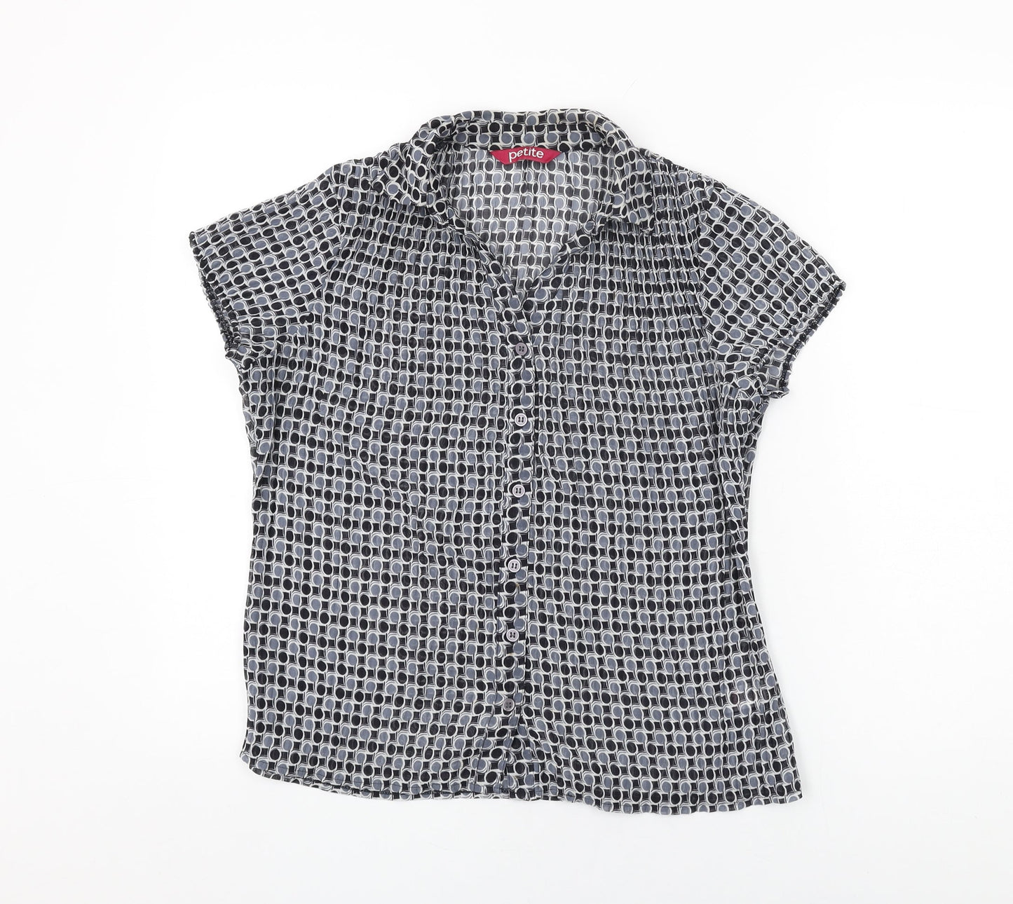 Petite Womens Black Geometric Polyester Basic Button-Up Size 10 Collared