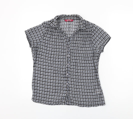 Petite Womens Black Geometric Polyester Basic Button-Up Size 10 Collared