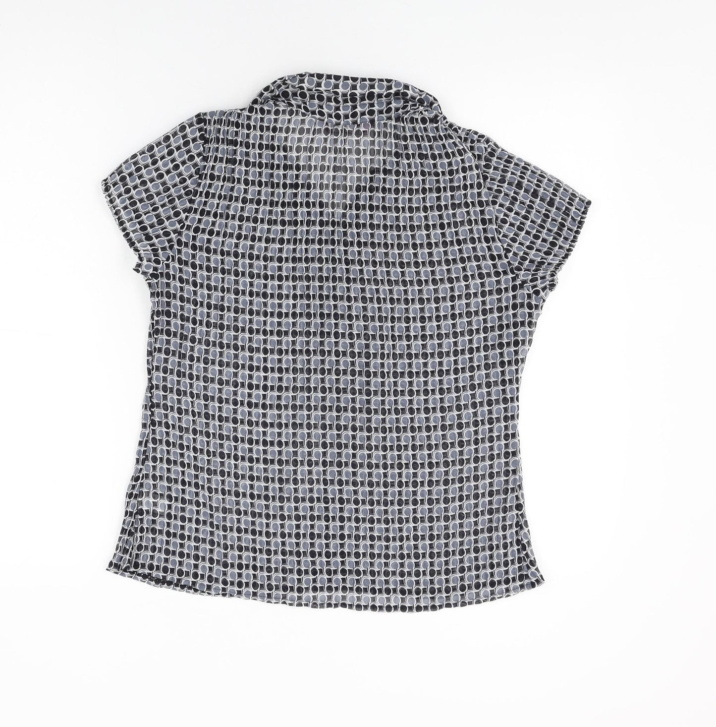 Petite Womens Black Geometric Polyester Basic Button-Up Size 10 Collared