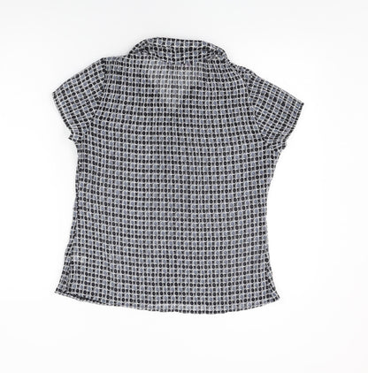 Petite Womens Black Geometric Polyester Basic Button-Up Size 10 Collared
