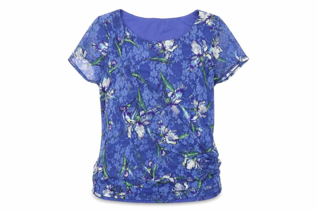 M&Co Womens Blue Floral Nylon Basic T-Shirt Size 10 Round Neck