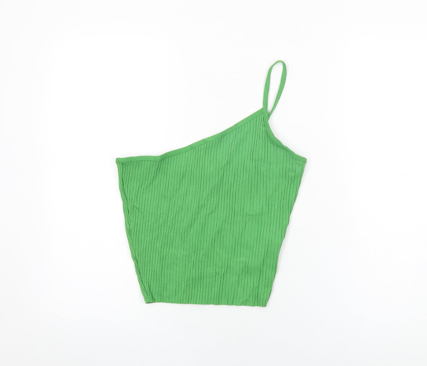 Zara Womens Green Cotton Cropped T-Shirt Size M One Shoulder